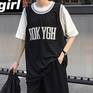 Lettering Tank Dress / Crew-neck Elbow-sleeve T-shirt