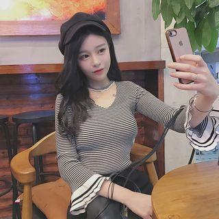 Striped Cut Out Front Long Sleeve Top