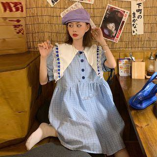 Short-sleeve Peter Pan Collar Plaid Dress Plaid - One Size