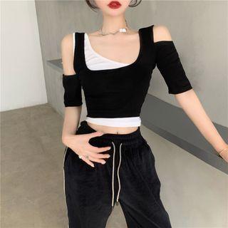 Mock Two-piece Short-sleeve Cold Shoulder Top Black - One Size