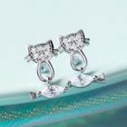 925 Sterling Silver Rhinestone Cat & Fish Dangle Earring 1 Pair - Silver - One Size