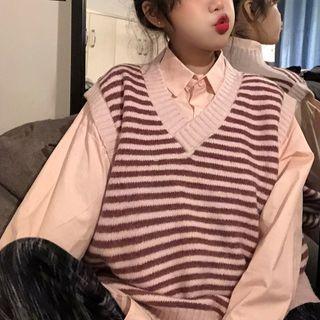 Plain Shirt / Striped Sweater Vest