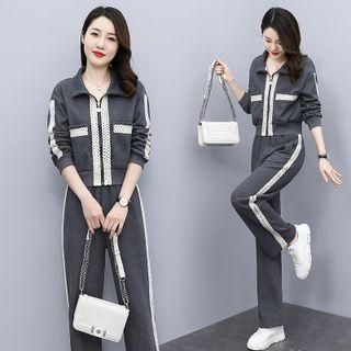 Set: Dotted Panel Zip Jacket + Wide Leg Pants