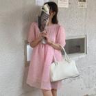 Puff-sleeve Plain Loose Fit Dress Pink - One Size