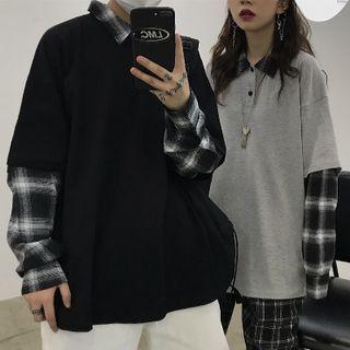 Mock Two-piece Print Plaid Polo Shirt