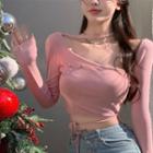 Long-sleeve Heart Detail Strappy Cropped T-shirt
