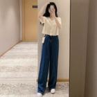 Short-sleeve Scallop Trim Knit Top / Wide Leg Jeans / Set