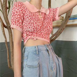 Leopard Short-sleeve Slim-fit Knit Polo-shirt
