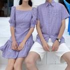 Couple Matching Gingham Short-sleeve Mini A-line Dress / Shirt