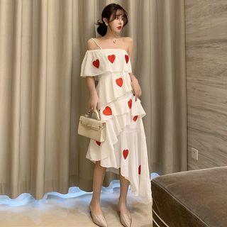 Heart Applique One-shoulder Tiered Midi Dress White - One Size