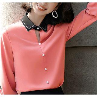 Contrast Trim Cut-out Blouse / Ruffle Hem Pencil Skirt / Cropped Straight-fit Pants / Set