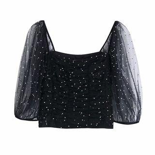Elbow-sleeve Dotted Mesh Top