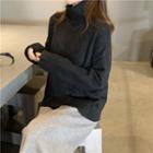 Plain Turtleneck Sweater/ Color Block Knit Wide-leg Pants