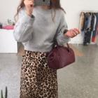 Long Sleeve Plain Pullover / Leopard Printed A-line Skirt