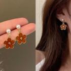 Sterling Silver Faux Pearl Flower Drop Earring 1 Pair - Red - One Size