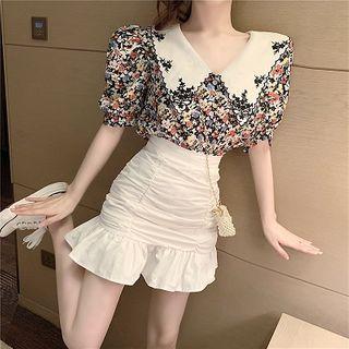 Floral Peter-pan Collar Blouse / High-waist Mermaid Skirt