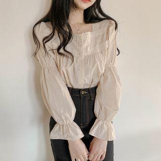 Long Sleeve Square Neck Lace Trim Blouse