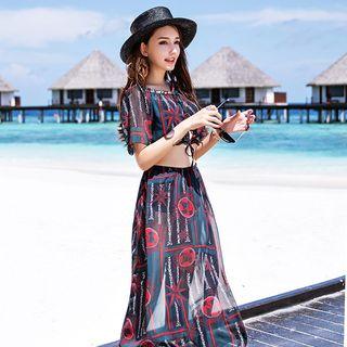Set: Printed Bikini + Cover-up + Short-sleeve Top
