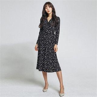 Tie-waist Stretchy Printed Midi Dress Black - One Size