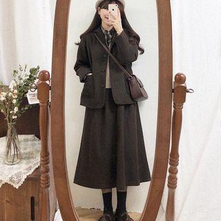 Set: Woolen Blazer + Midi A-line Skirt