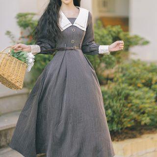 Long-sleeve Doll Collar Button Detail Midi A-line Dress
