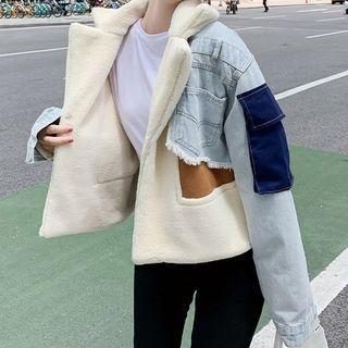 Fluffy Paneled Cropped Denim Jacket