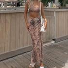 Set: Tiger Print Strappy Crop Top + Tiger Print Maxi A-line Skirt