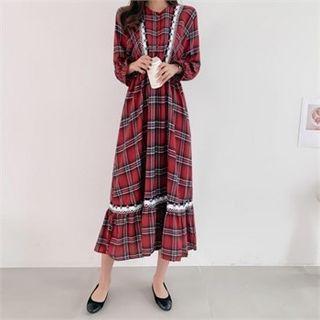 Lace-trim Plaid Maxi Dress Red - One Size