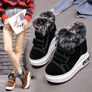Platform Hidden Wedge Furry Trim Adhesive Strap Sneakers