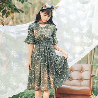 Elbow-sleeve Floral Print Cutout Dress