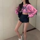 Puff-sleeve Lettering Cropped Sweatshirt / Denim Shorts