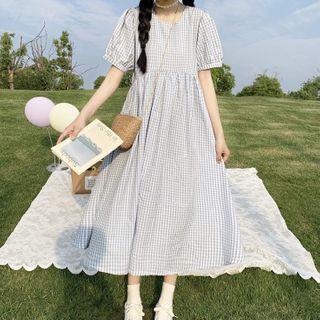 Short-sleeve Gingham Midi A-line Dress Blue & White - One Size