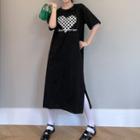 Short-sleeve Checkerboard Heart Print Midi T-shirt Dress