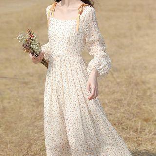 Long-sleeve Floral Print Cold-shoulder Midi Dress