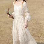 Long-sleeve Floral Print Cold-shoulder Midi Dress