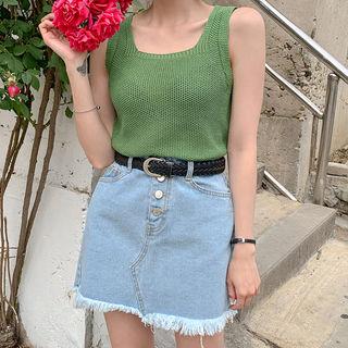 Square-neck Sleeveless Waffle-knit Top