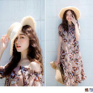 Short Sleeve Off-shoulder Floral Print A-line Dress