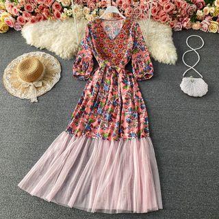 V-neck Print Short Sleeve Mesh Panel Dress