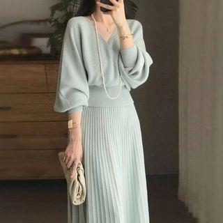 Lantern-sleeve Accordion Pleat Midi A-line Dress