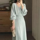 Lantern-sleeve Accordion Pleat Midi A-line Dress
