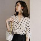 Elbow-sleeve V-neck Dotted Knotted Chiffon Blouse / High-waist Plain Wide-leg Pants