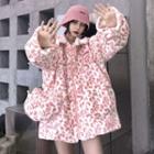 Set: Leopard Fluffy Jacket + Hat With Chain Pink - One Size