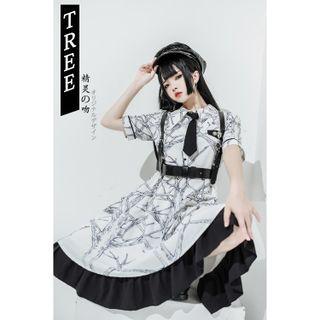 Set: Short-sleeve Printed A-line Dress + Belt + Neck Tie + Brooch Pin