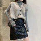 Set: Knit Vest + Long-sleeve Top + Quilted Mini A-line Skirt