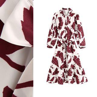 Tie-waist Leaf Print Long-sleeve Midi Dress