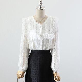 Lace Ruffle Blouse / High-waist Midi A-line Skirt