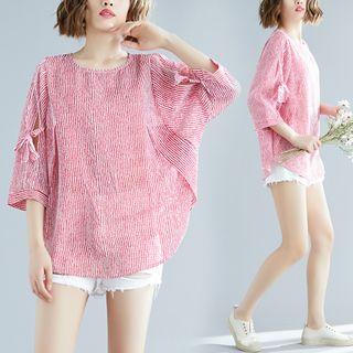 3/4-sleeve Striped T-shirt Stripe - Red - One Size