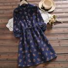 Lace Trim Collar Floral Long-sleeve A-line Dress