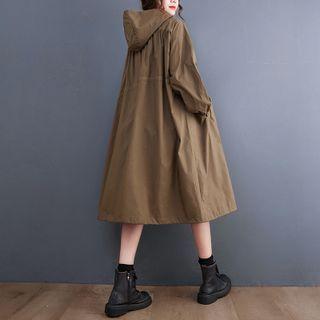 Hooded Zip-up Midi A-line Dress Army Green - One Size