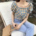 Puff Sleeve Square Neck Check Cropped Top